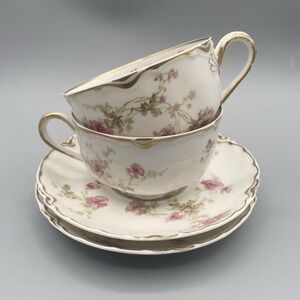 Haviland Limoges Pink Flowers Gold Gilt Trim 2‎ Sets Teacup Saucer France Cup